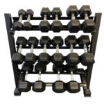 5-40 Rubber hex dumbbells and 3 tier rack