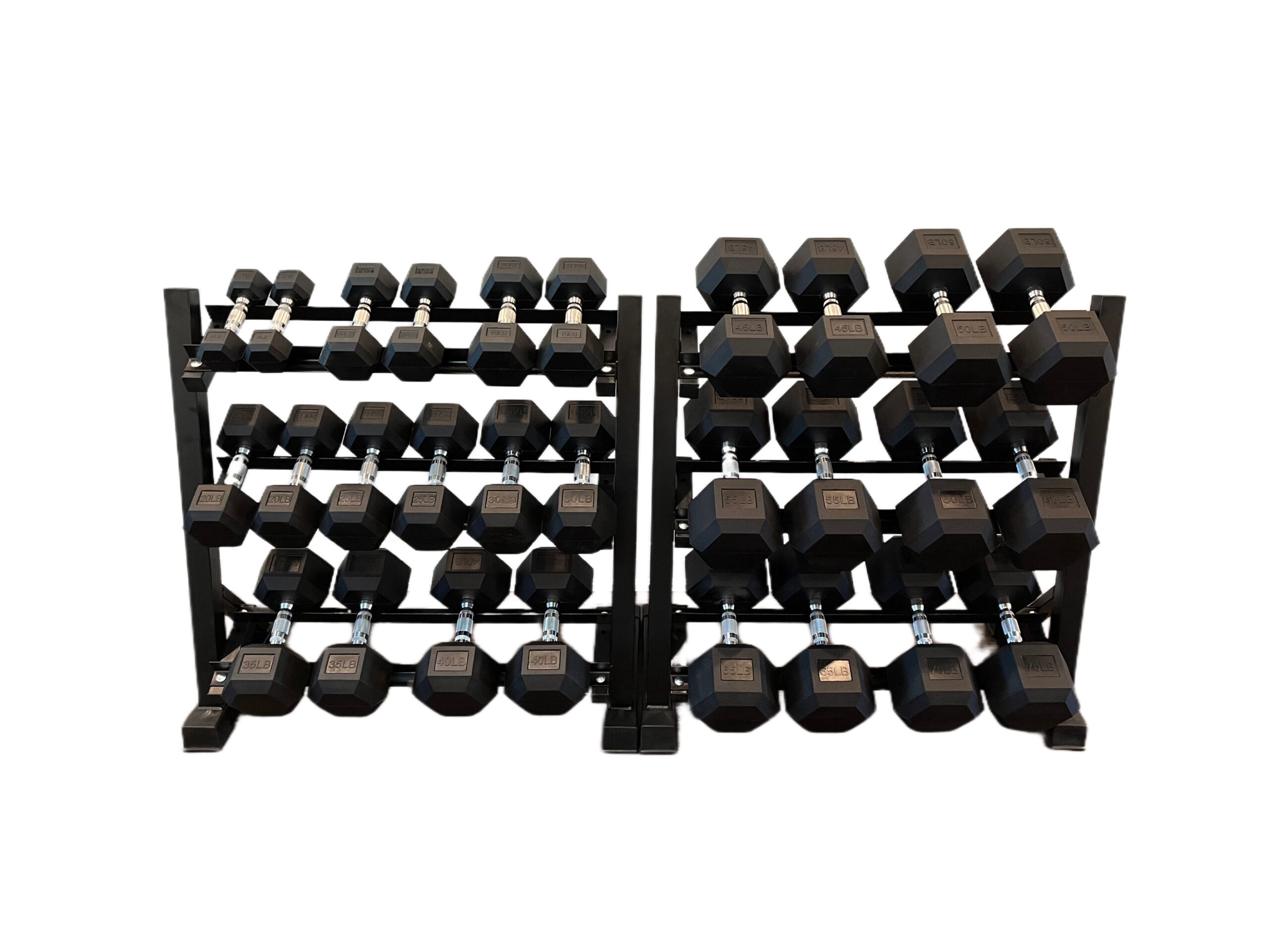 5-70lbs rubber hex dumbbells and rack