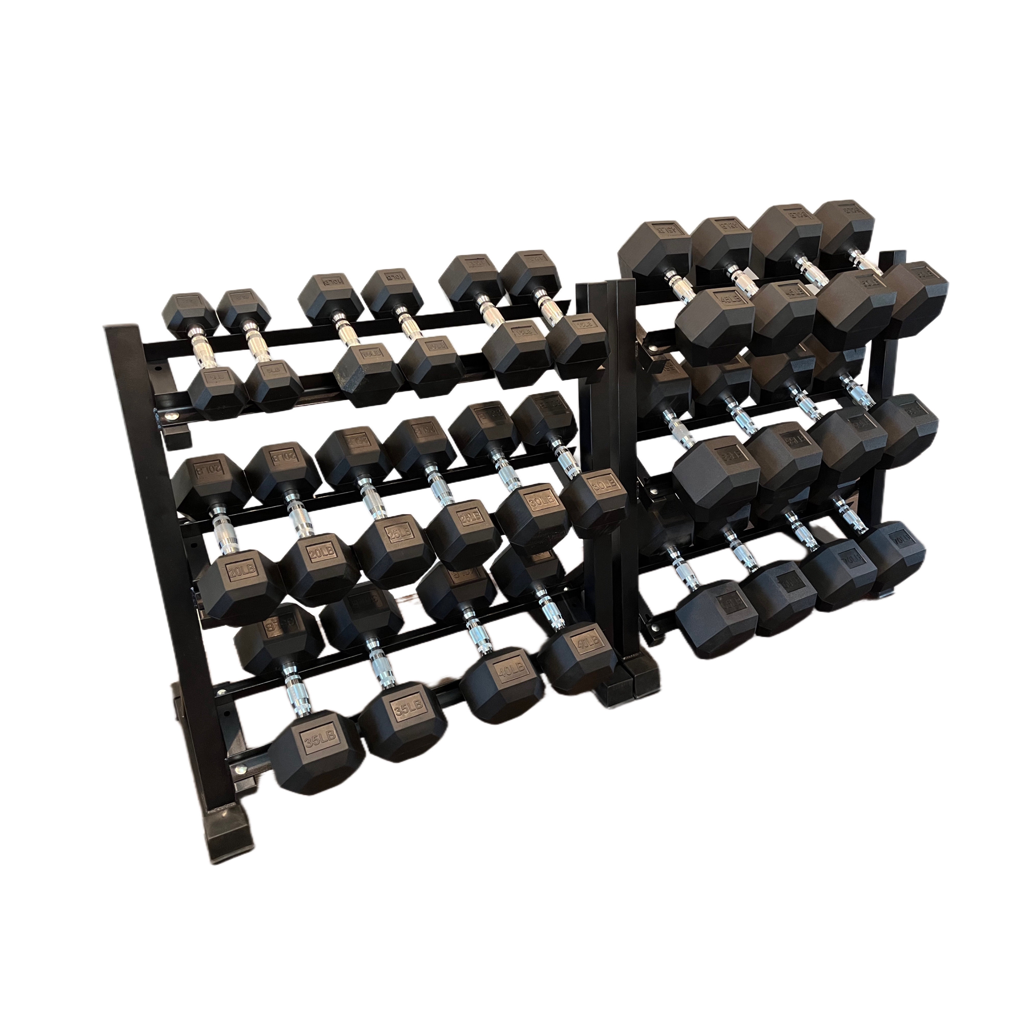 5-70lbs rubber hex dumbbells and rack