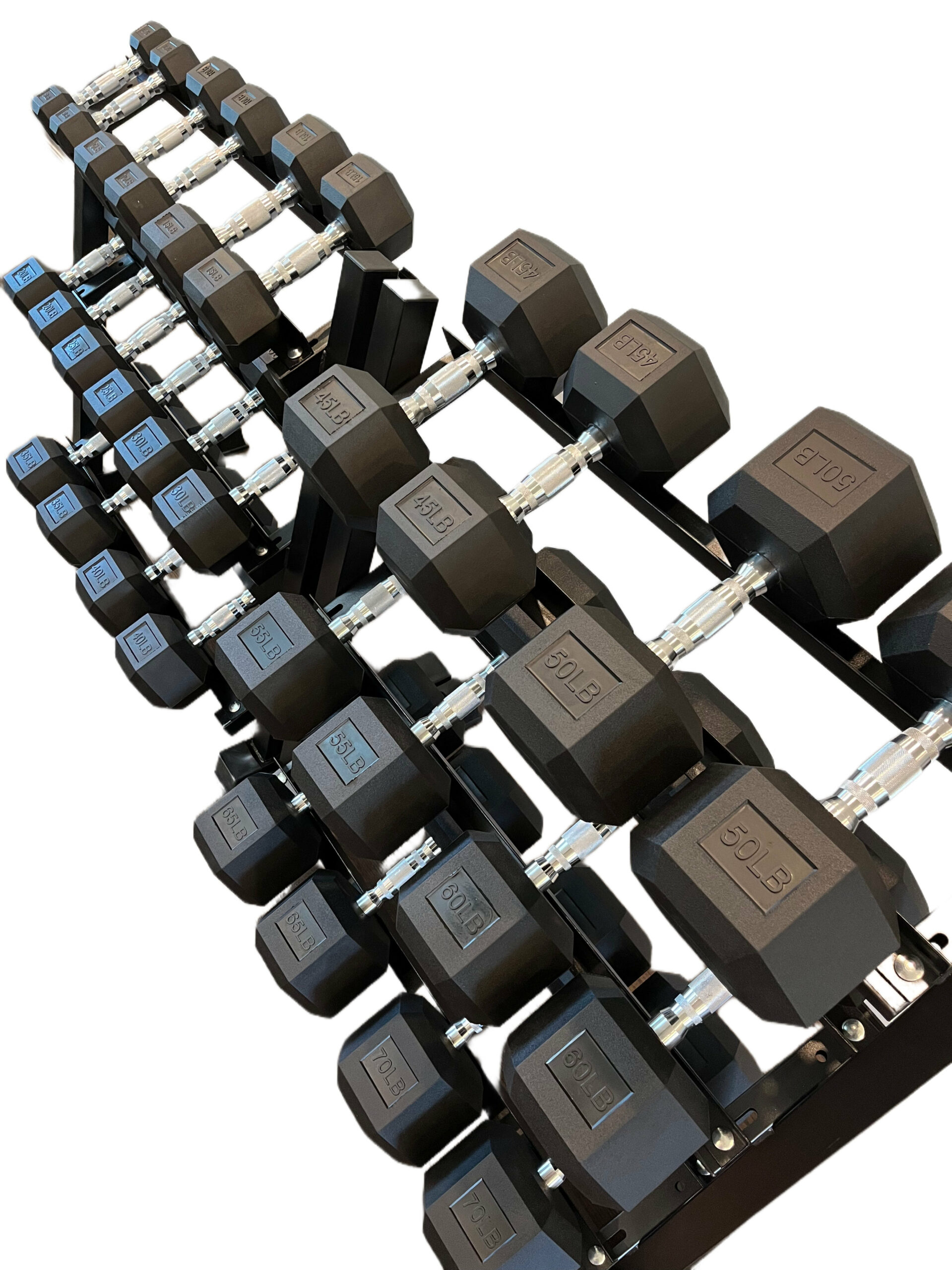 5-70lbs rubber hex dumbbells and rack